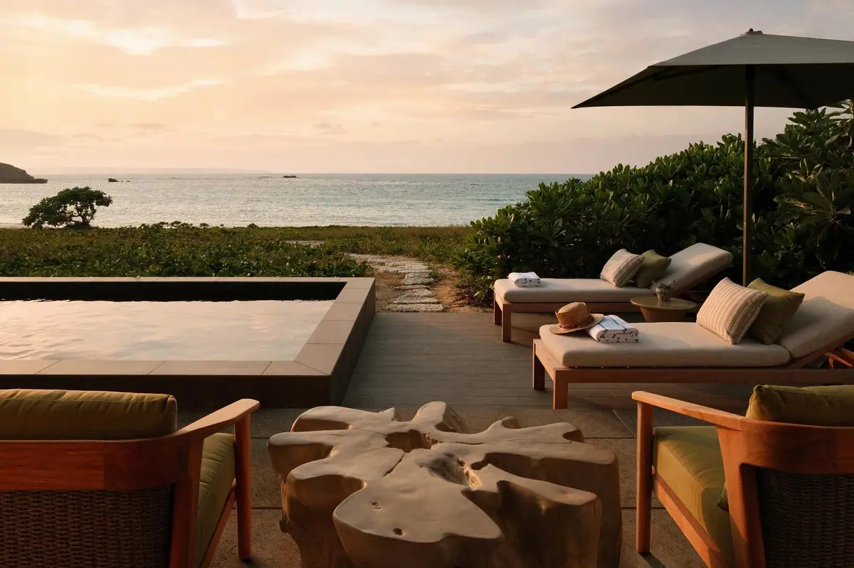 A shaded terrace with loungers and a small pool looking out to a flat sea