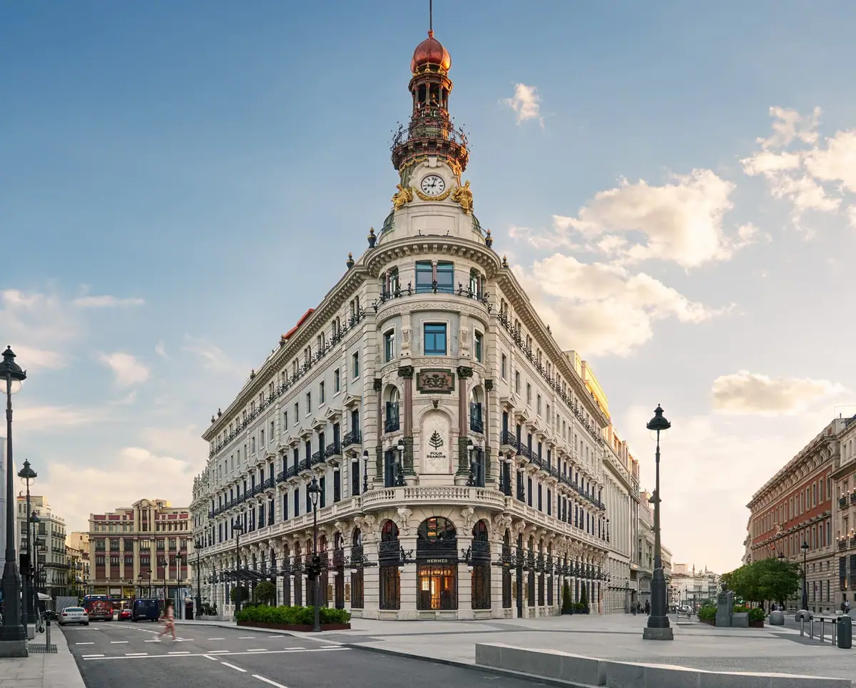 The restored bank buildings on the corner of Calle de Alcala that hold Four Seasons Hotel Madrid
