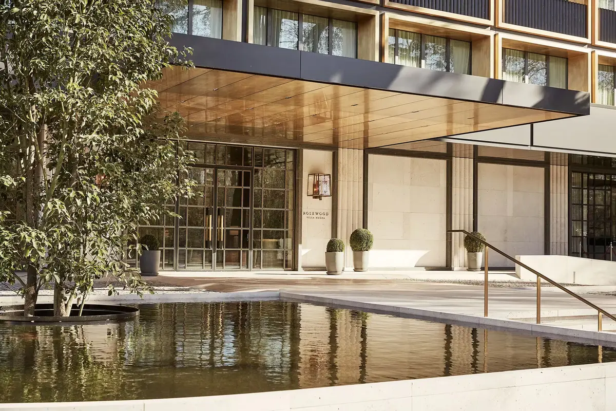 The entrance canopy and reflecting pool at Rosewood Villa Magna on the Paseo de la Castellana
