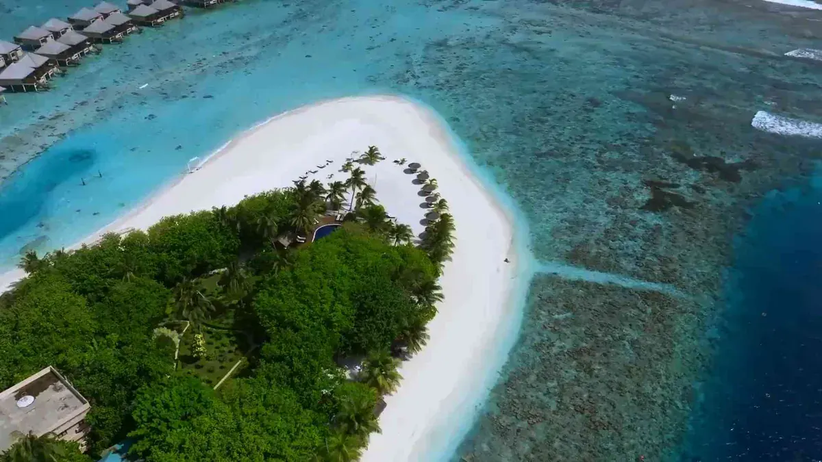 Aerial view of the reef around Adaaran Prestige Vadoo in South Malé Atoll