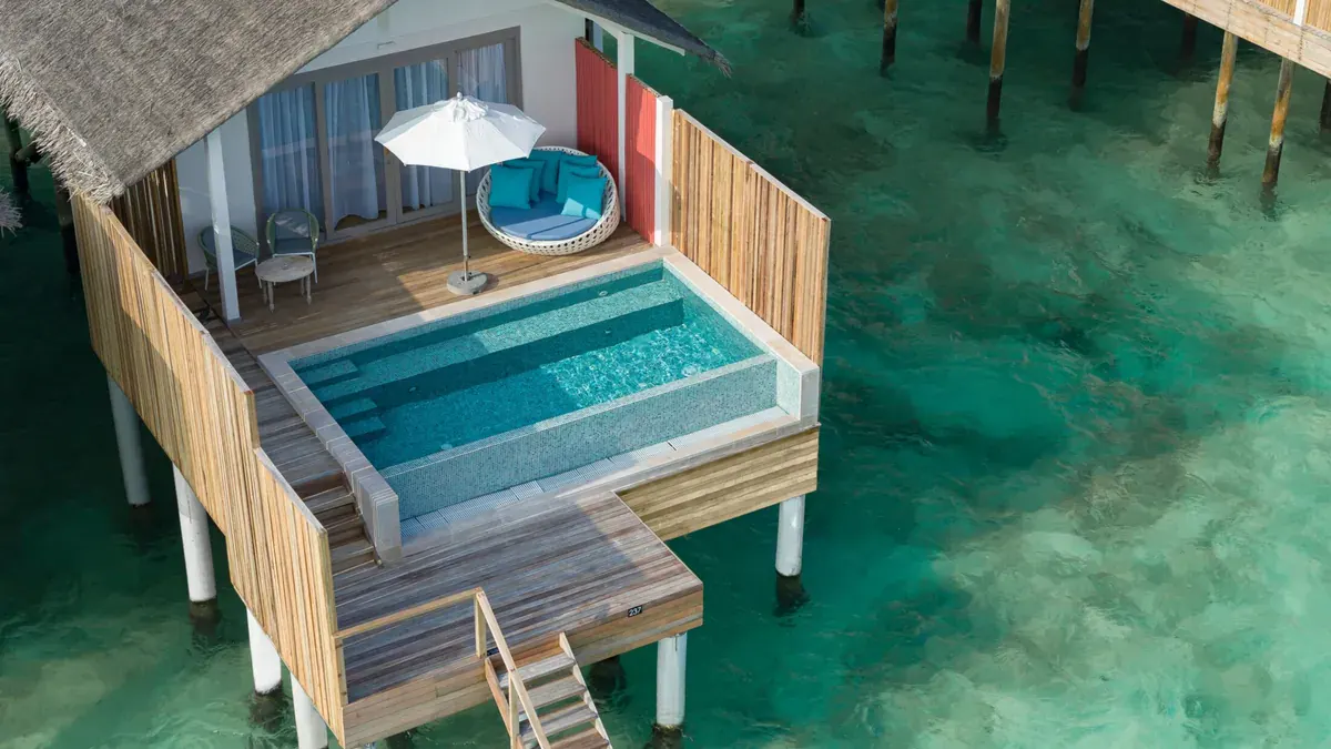 Lagoon pool villa deck from above at Cora Cora Maldives