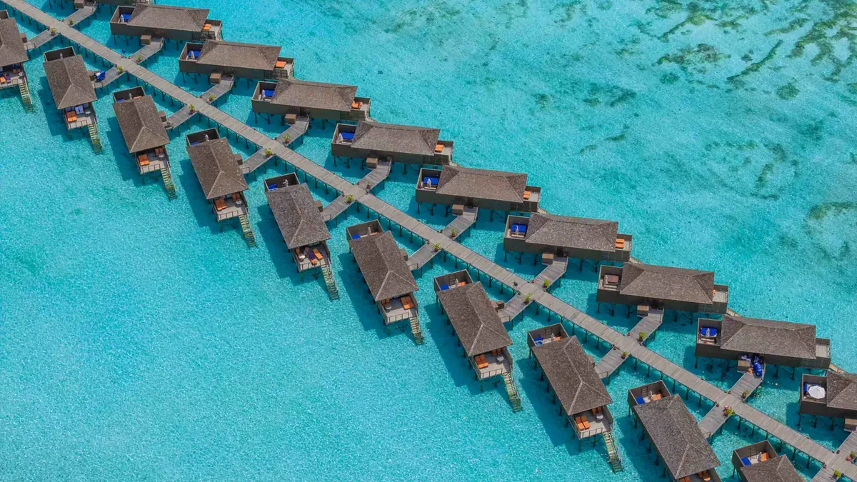 Aerial view of the Jacuzzi Water Villas at Meeru Maldives