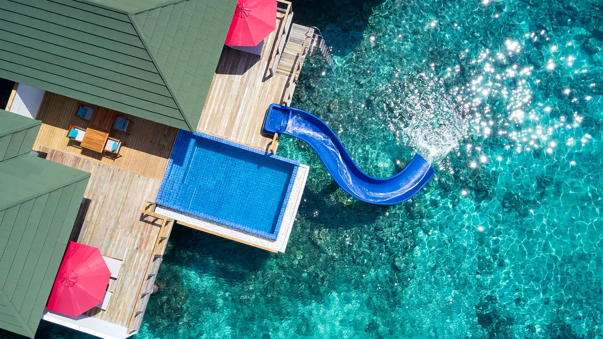 Aerial view of a slide villa at Siyam World