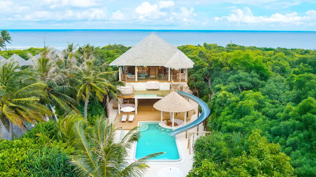 Island Reserve with slide at Soneva Jani from above