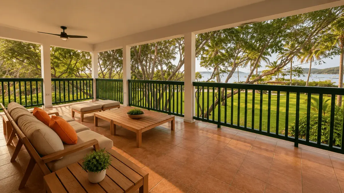 Long covered verandah with cushioned seating looking through trees to the sea