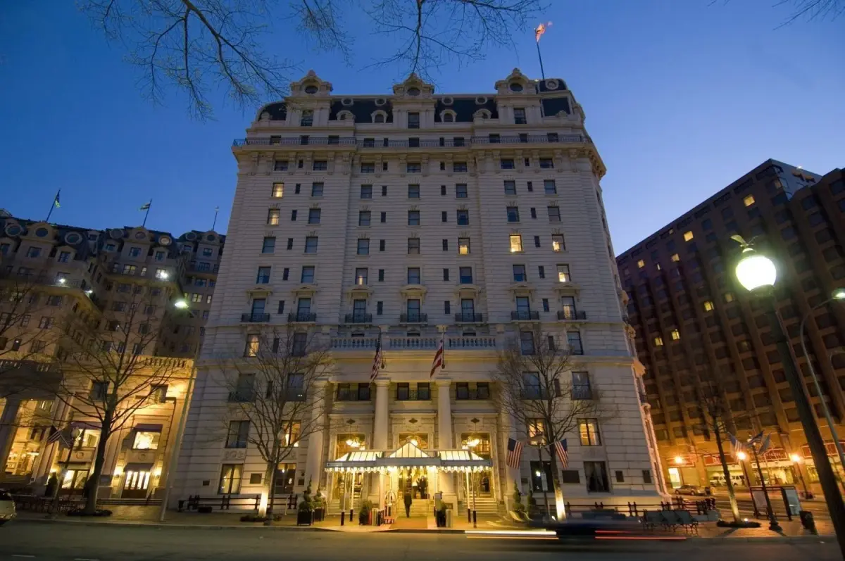 The Willard InterContinental at dusk on the corner of Pennsylvania Avenue