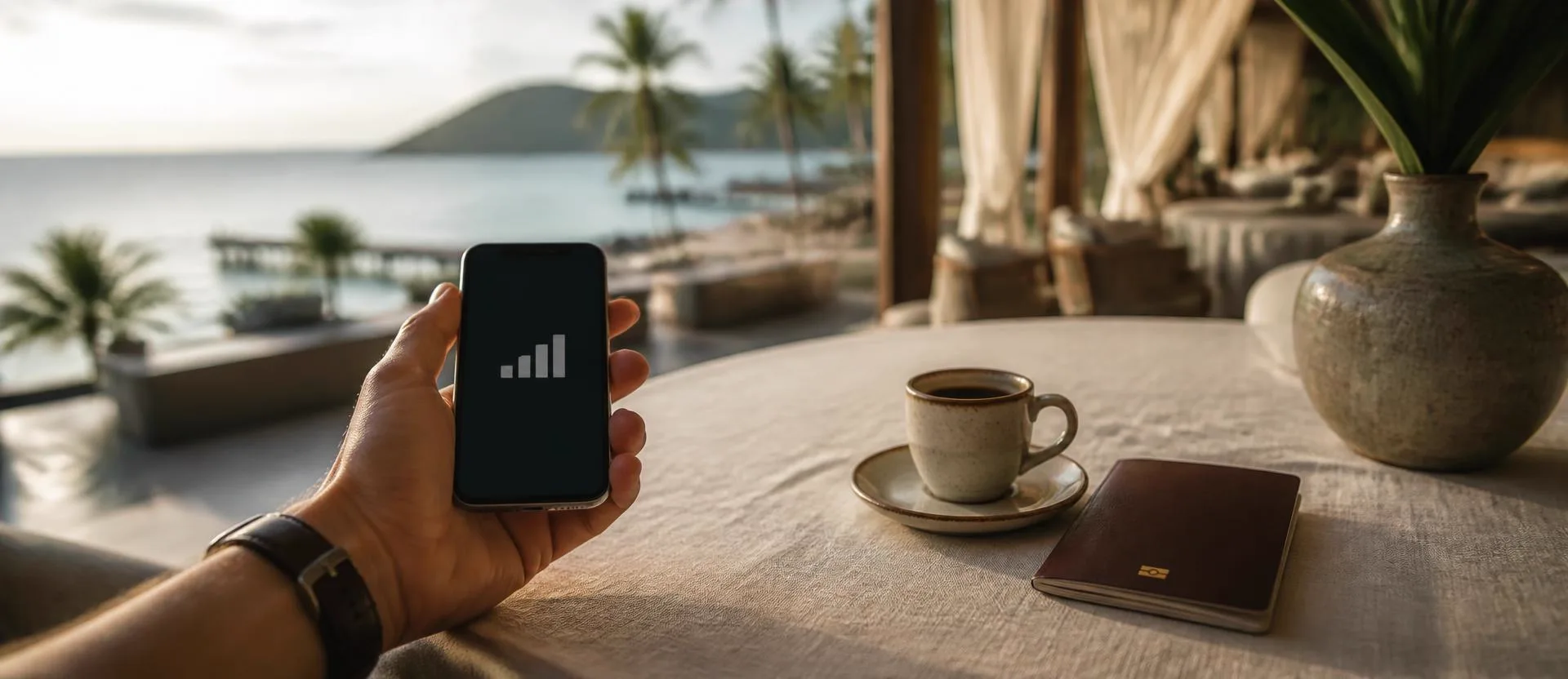 A traveller checking phone signal on a hotel terrace overlooking the sea, passport and espresso on the table