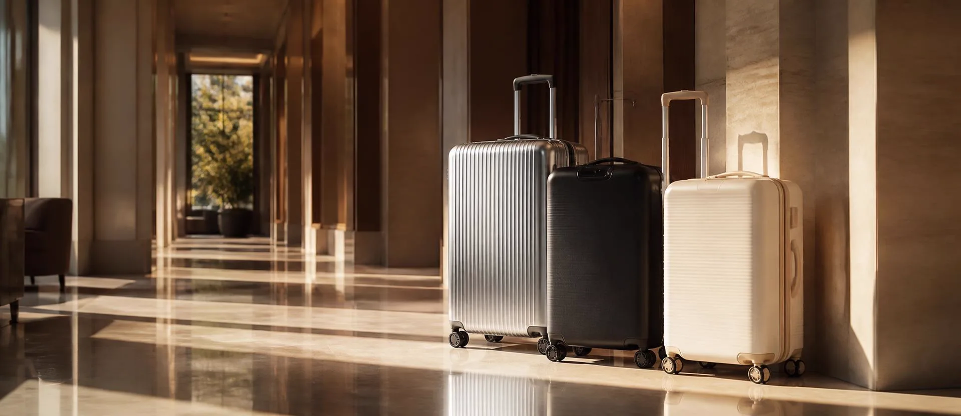 Three premium hardshell suitcases in aluminium, black and cream standing in a sunlit hotel corridor