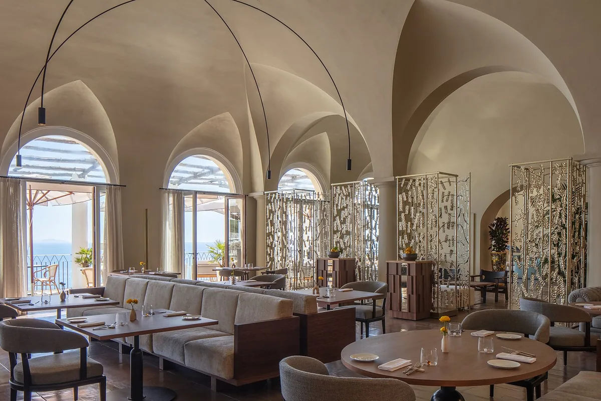 Anantara Convento di Amalfi Grand Hotel, Amalfi Town, Amalfi Coast: restaurant, bar and dining terrace, photographed for Luxury Hotel Compare