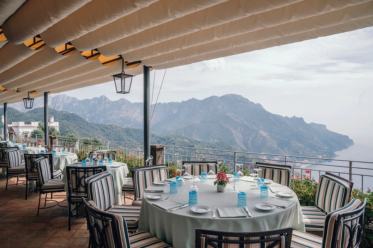 Caruso, A Belmond Hotel, Ravello, Amalfi Coast: restaurant, bar and dining terrace, photographed for Luxury Hotel Compare
