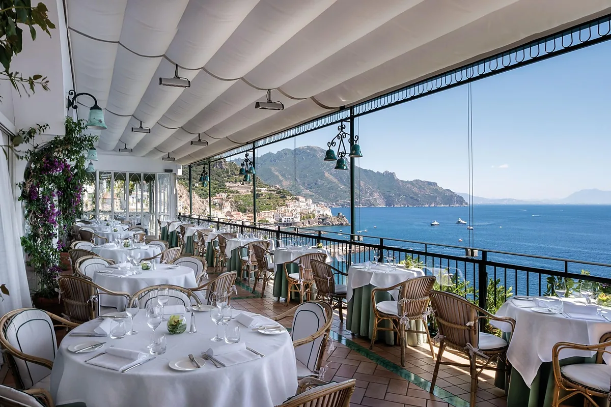 Hotel Santa Caterina, Amalfi Town, Amalfi Coast: restaurant, bar and dining terrace, photographed for Luxury Hotel Compare
