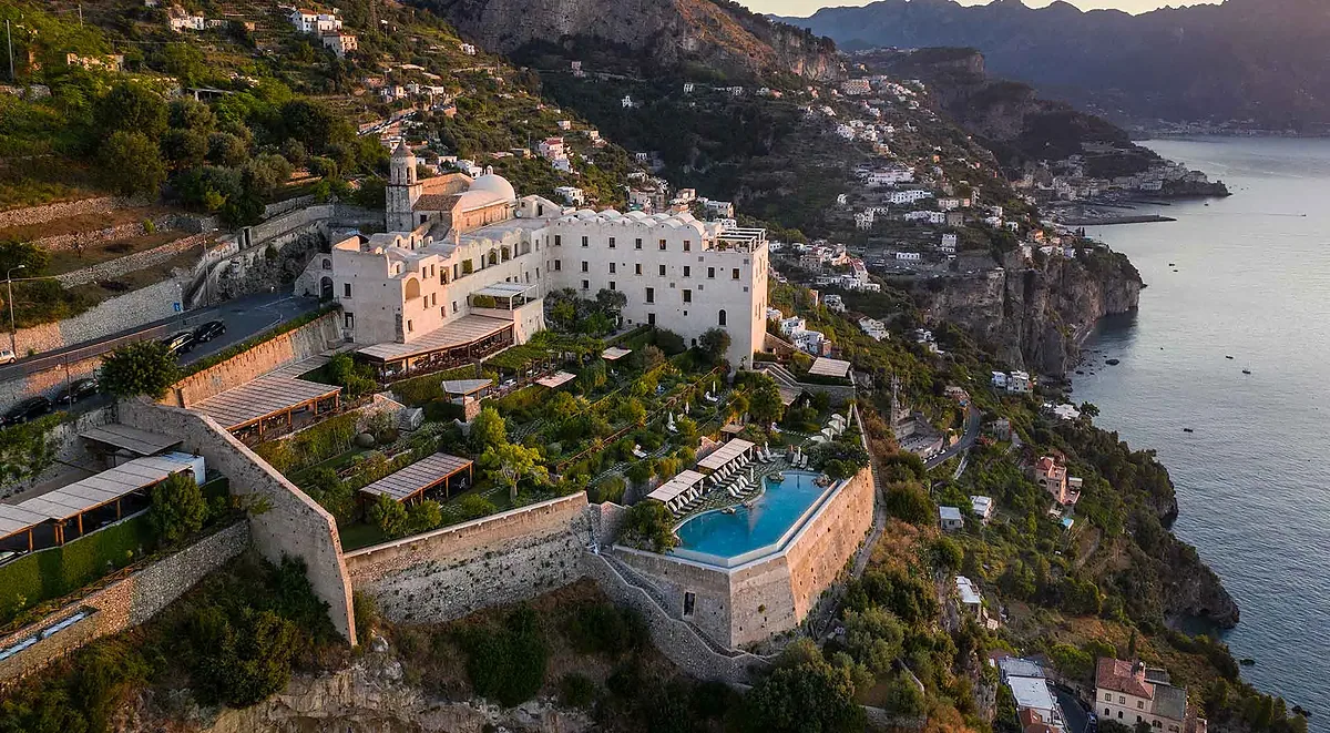 Monastero Santa Rosa, Conca dei Marini, Amalfi Coast: exterior and setting, photographed for Luxury Hotel Compare