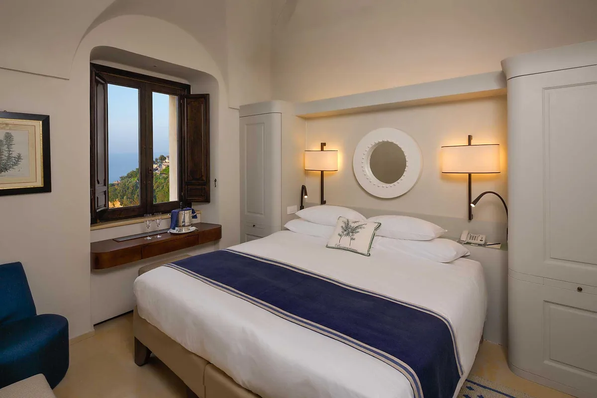 Monastero Santa Rosa, Conca dei Marini, Amalfi Coast: guest room interior, photographed for Luxury Hotel Compare