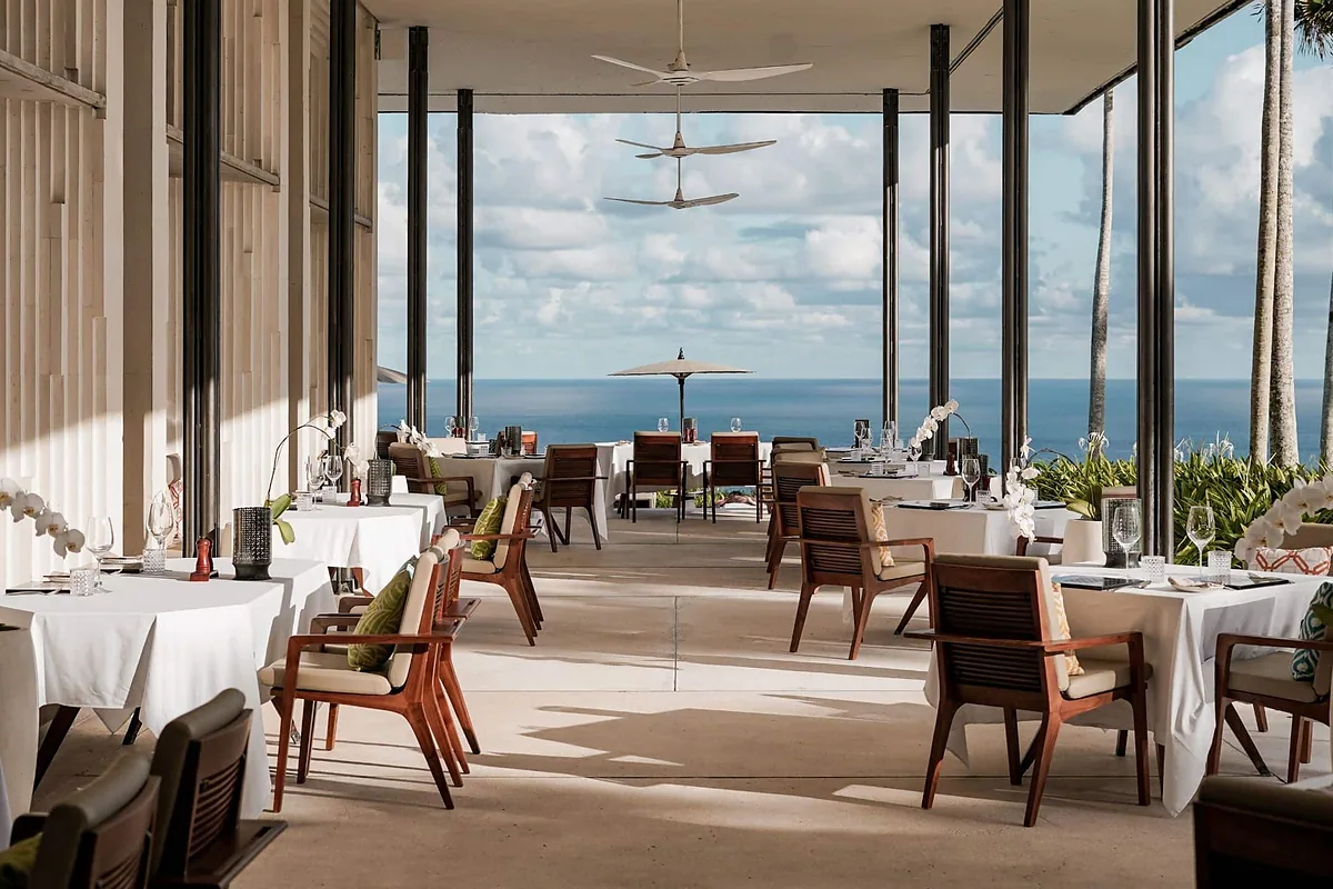 Alila Villas Uluwatu, Uluwatu, Bali: restaurant, bar and dining terrace, photographed for Luxury Hotel Compare