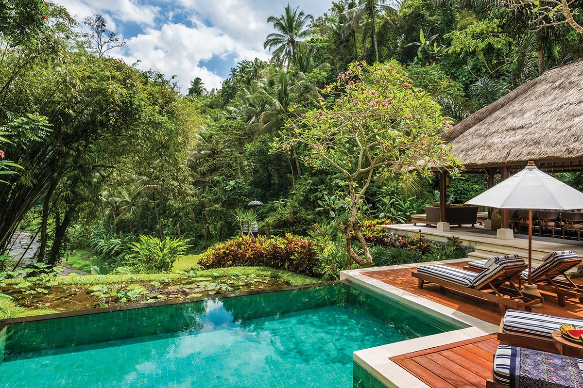 Four Seasons Resort Bali at Sayan, Ubud, Bali: pool and spa, photographed for Luxury Hotel Compare
