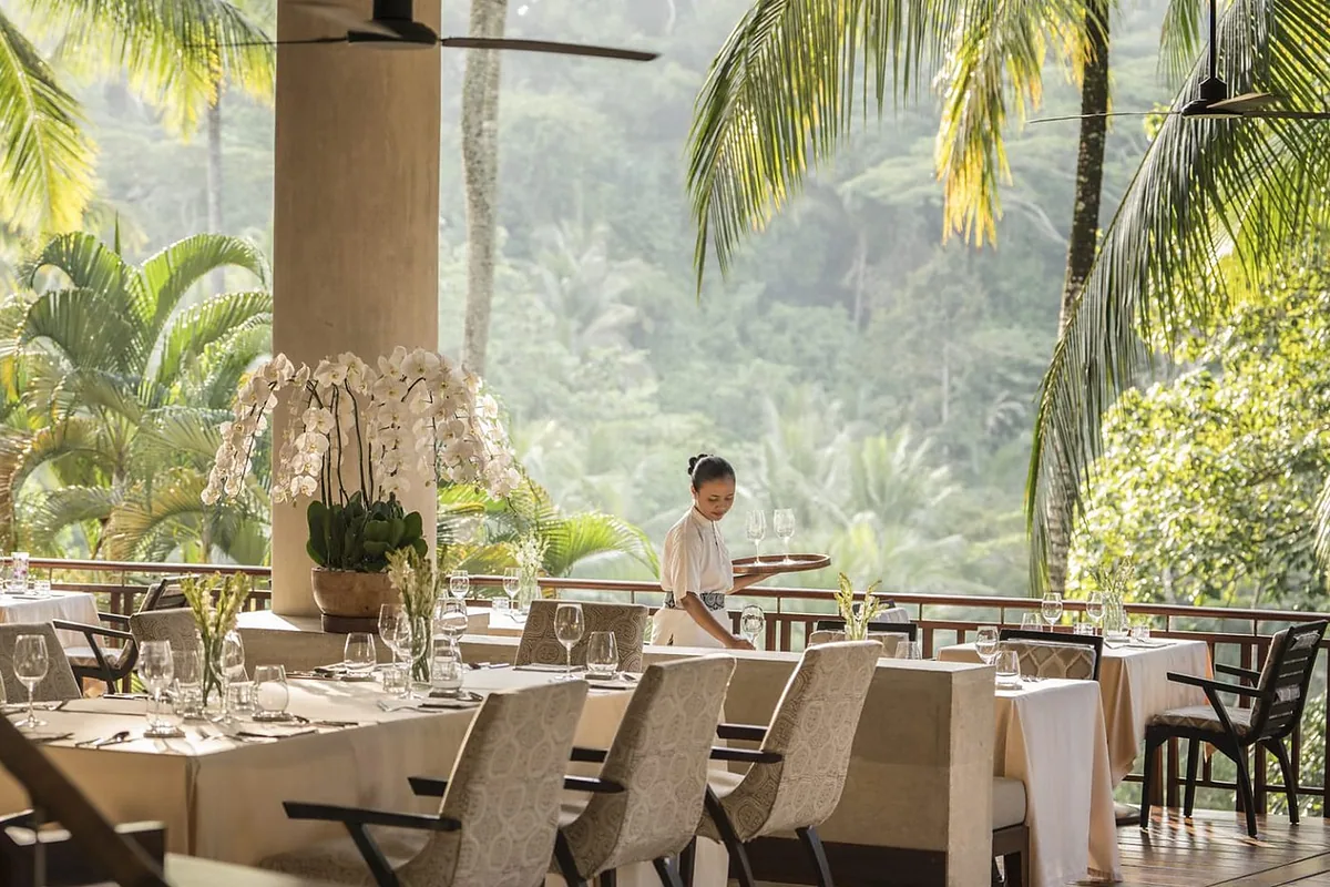 Four Seasons Resort Bali at Sayan, Ubud, Bali: restaurant, bar and dining terrace, photographed for Luxury Hotel Compare