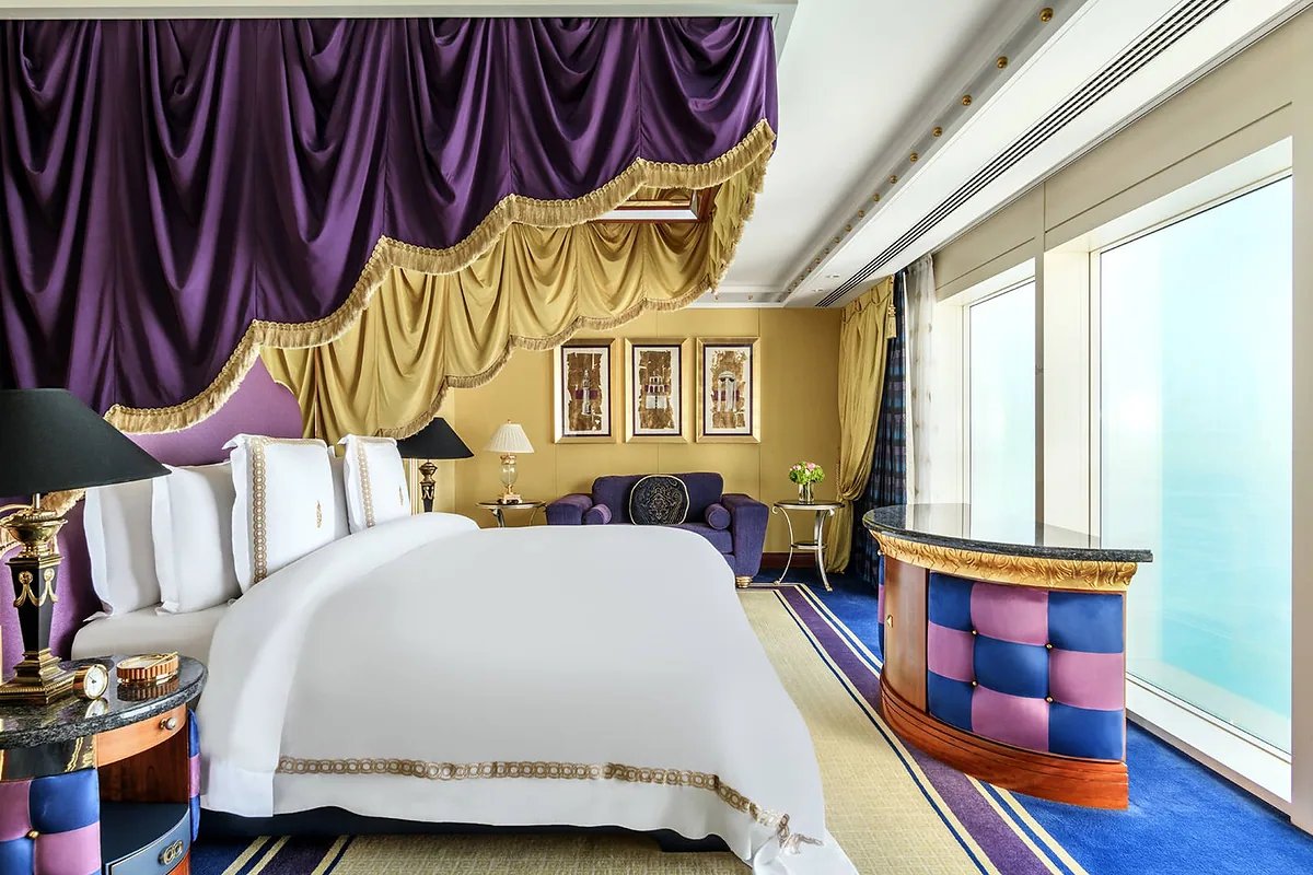 Burj Al Arab Jumeirah, Jumeirah Beach, Dubai: guest room interior, photographed for Luxury Hotel Compare