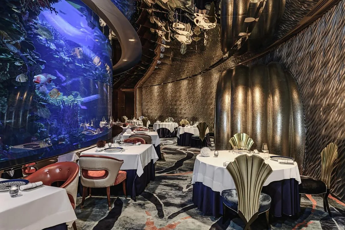 Burj Al Arab Jumeirah, Jumeirah Beach, Dubai: restaurant, bar and dining terrace, photographed for Luxury Hotel Compare