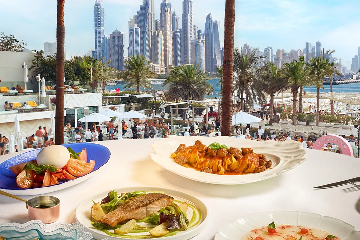 FIVE Palm Jumeirah Dubai, Palm Jumeirah, Dubai: restaurant, bar and dining terrace, photographed for Luxury Hotel Compare