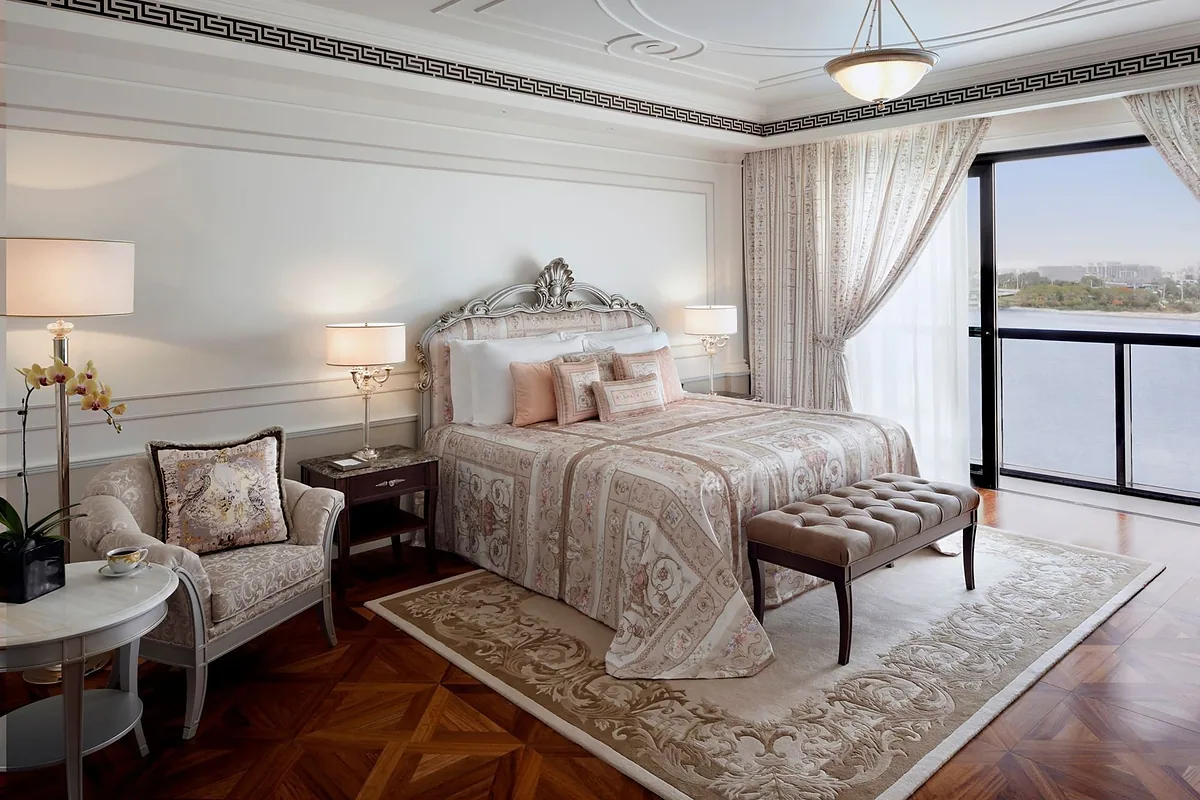 Palazzo Versace Dubai, Dubai Creek, Dubai: guest room interior, photographed for Luxury Hotel Compare