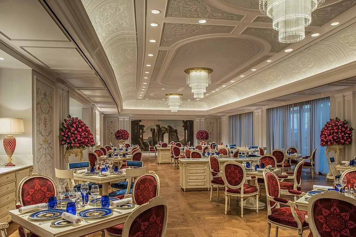 Palazzo Versace Dubai, Dubai Creek, Dubai: restaurant, bar and dining terrace, photographed for Luxury Hotel Compare