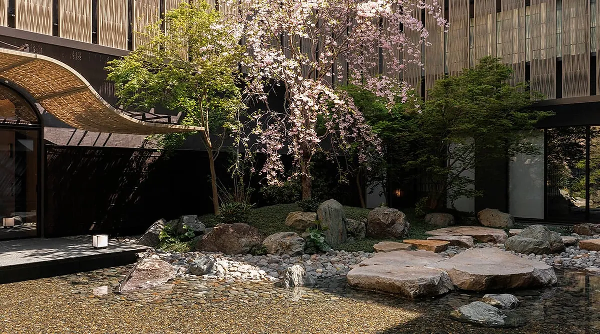 Capella Kyoto, the courtyard garden in cherry blossom, Kyoto
