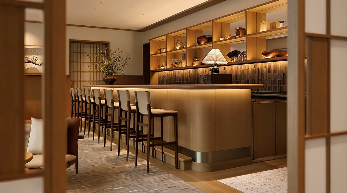 Capella Kyoto, the bar counter and stools beneath open shelving, Kyoto