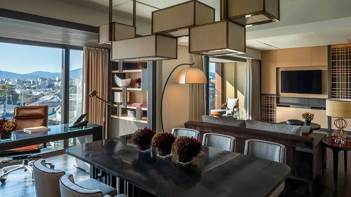 Four Seasons Hotel Kyoto, the living and dining area of a suite above the city, Kyoto