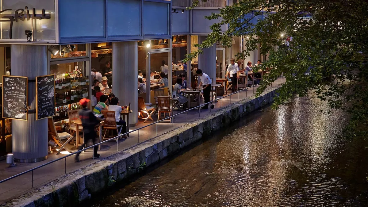 Four Seasons Hotel Kyoto, the canal lined restaurants nearby at night, Kyoto