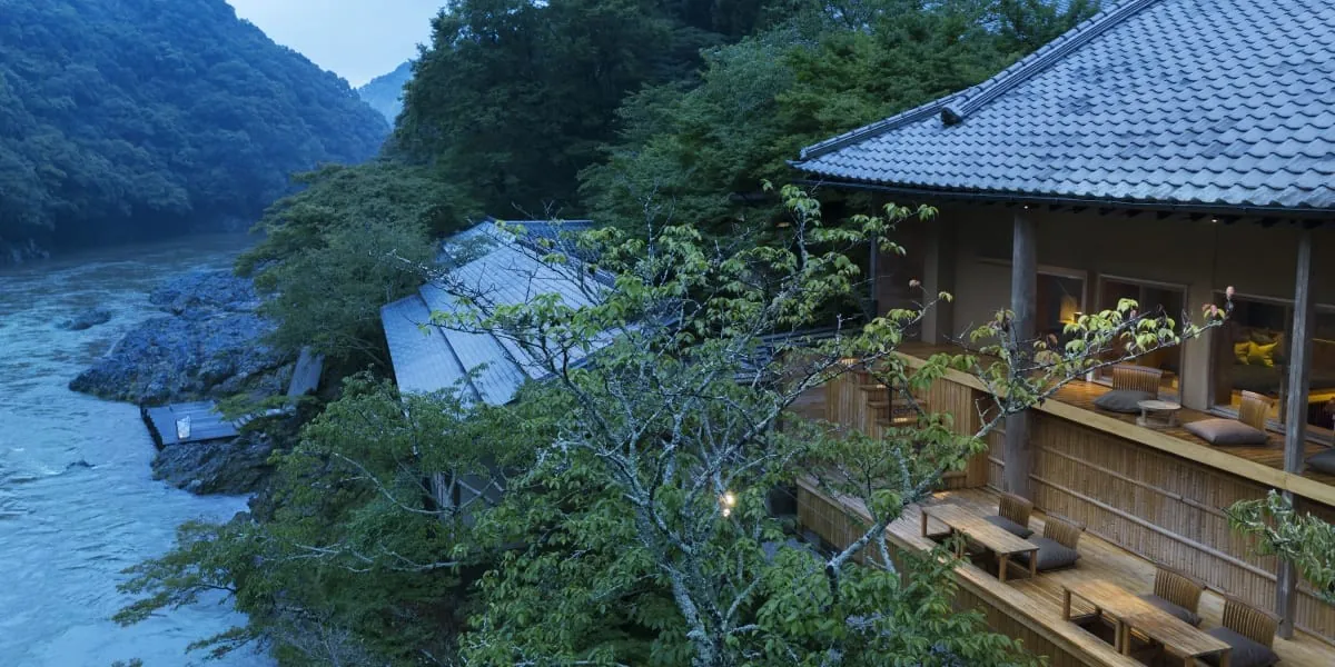 HOSHINOYA Kyoto, the pavilions in the gorge above the blue river, Kyoto
