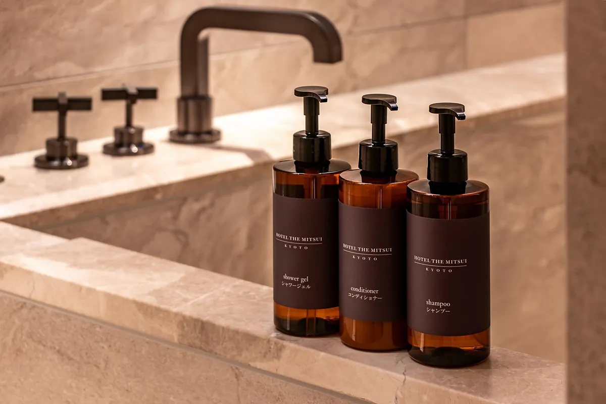 Hotel The Mitsui Kyoto, amenity bottles on a stone bath ledge, Kyoto