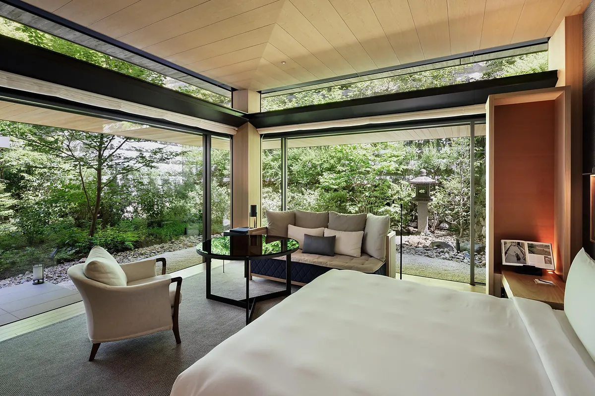 Park Hyatt Kyoto, a bedroom and sitting area behind garden glass, Kyoto