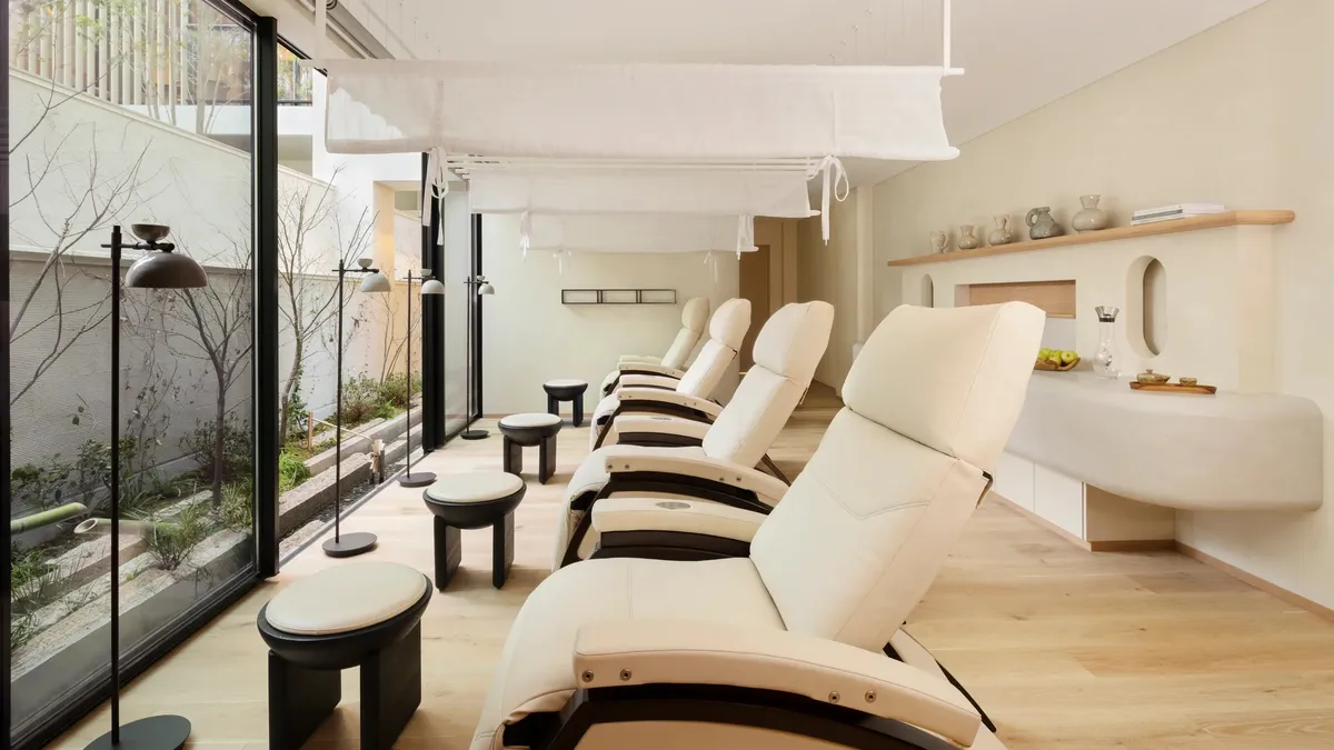 Six Senses Kyoto, spa loungers along the courtyard glass, Kyoto