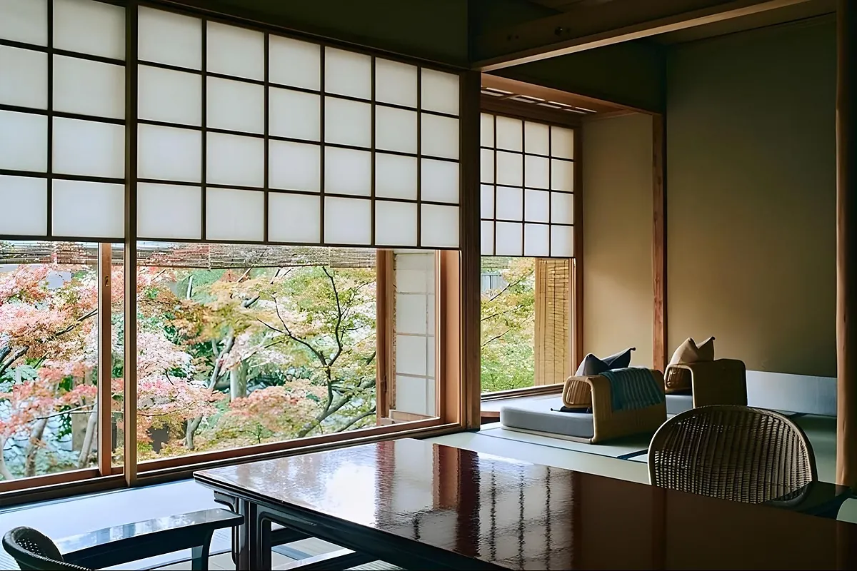 Tawaraya Ryokan, a tatami room with lacquer table at the autumn garden window, Kyoto
