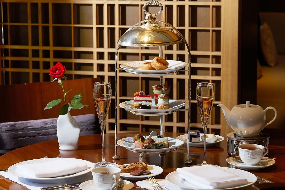 The Ritz-Carlton Kyoto, an afternoon tea stand with a rose and champagne, Kyoto