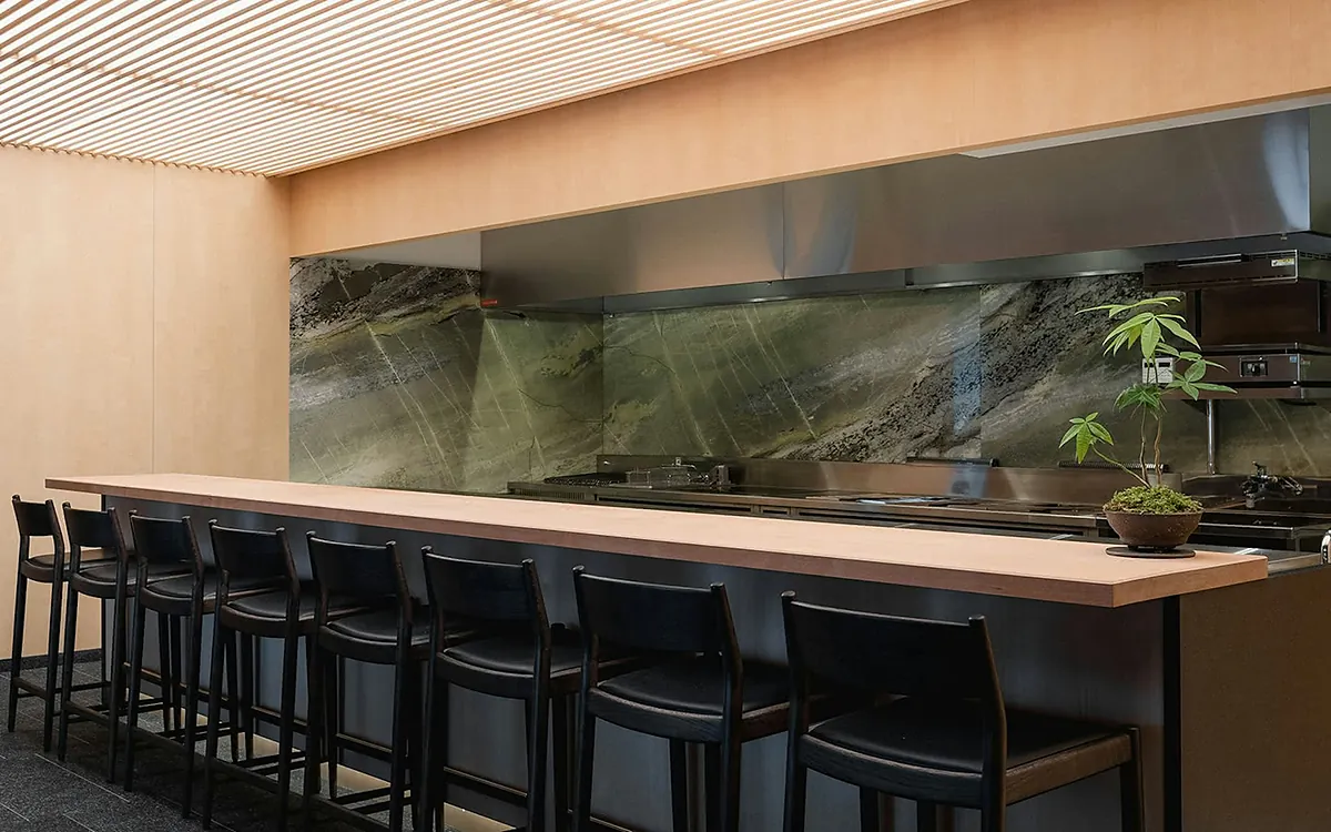 The Shinmonzen, the open kitchen counter in green marble, Kyoto