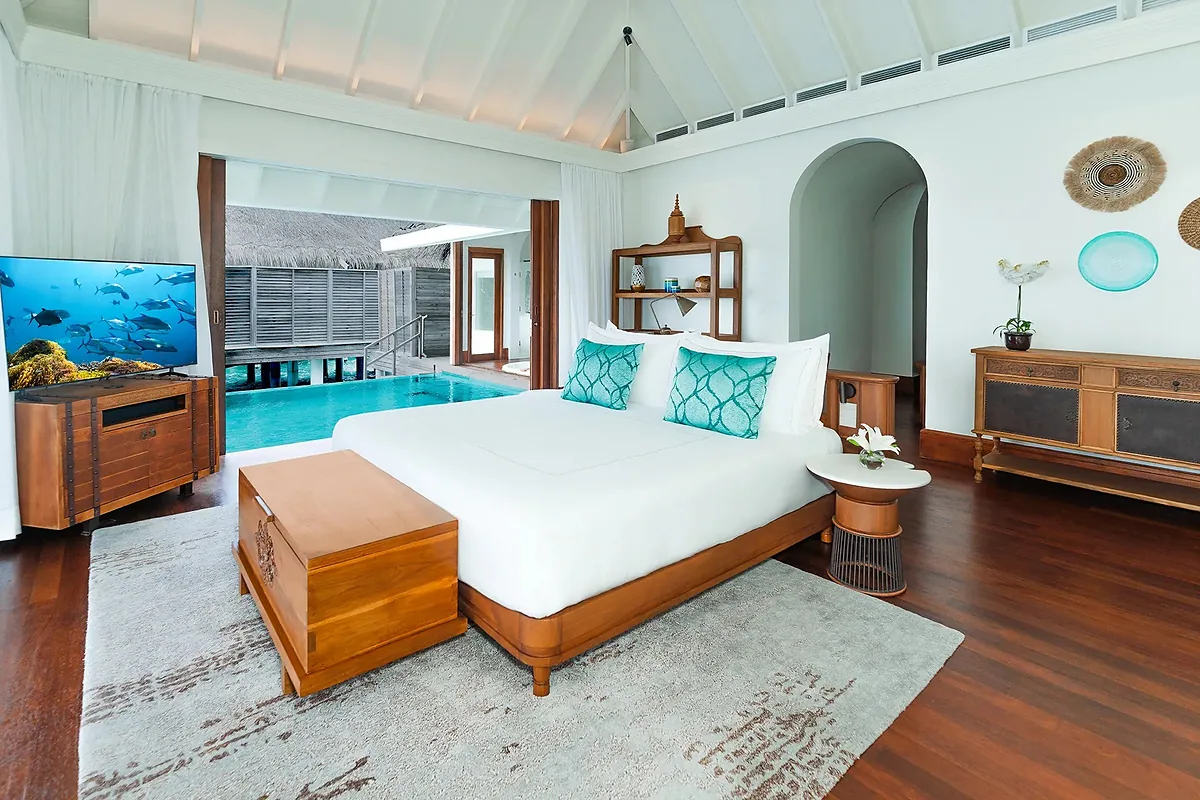 Anantara Kihavah Maldives, Baa Atoll, Maldives: guest room interior, photographed for Luxury Hotel Compare