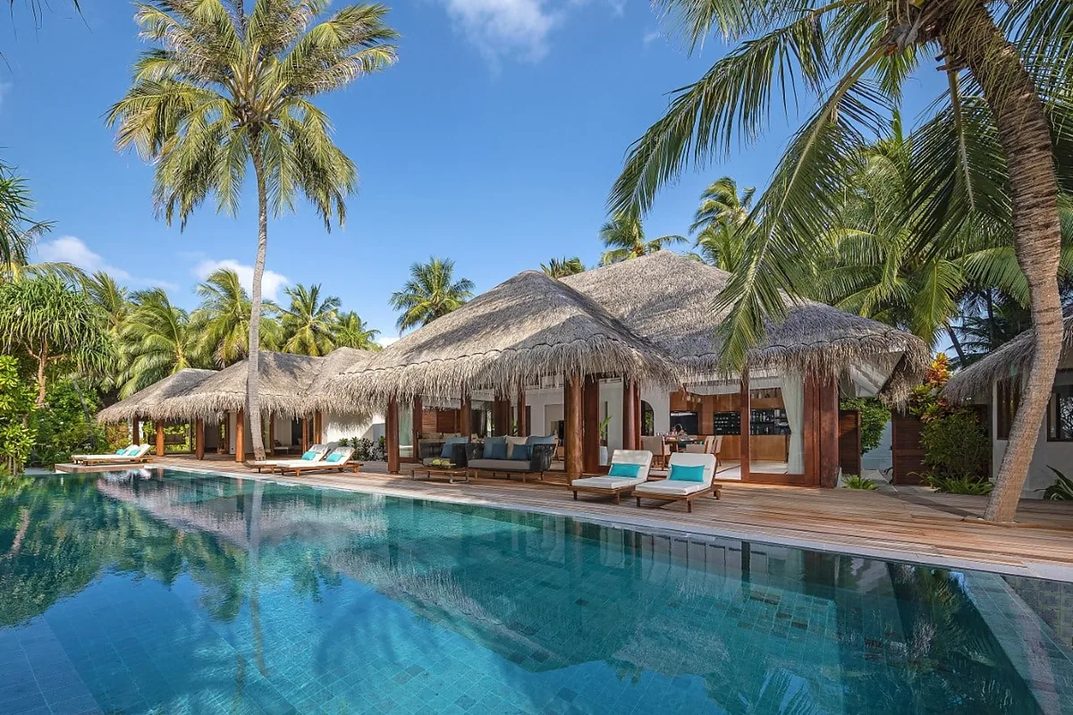 Anantara Kihavah Maldives, Baa Atoll, Maldives: pool and spa, photographed for Luxury Hotel Compare