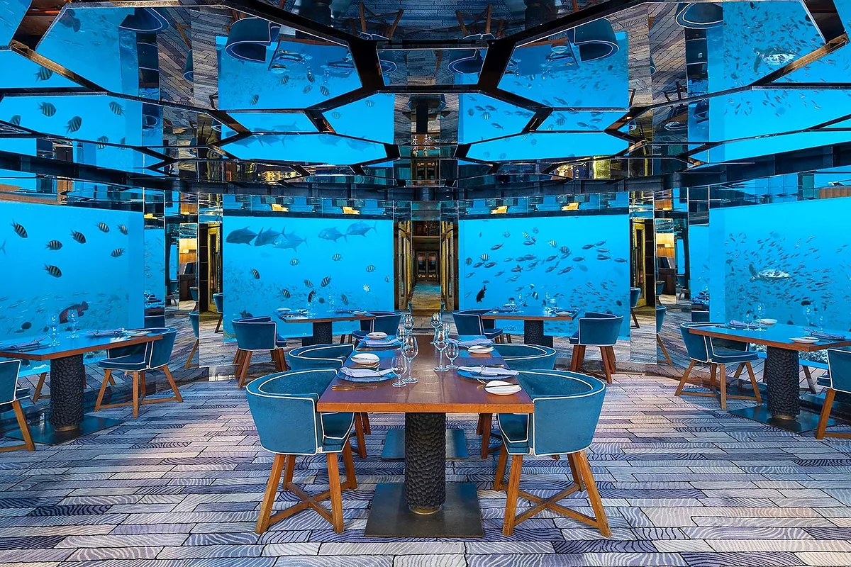 Anantara Kihavah Maldives, Baa Atoll, Maldives: restaurant, bar and dining terrace, photographed for Luxury Hotel Compare