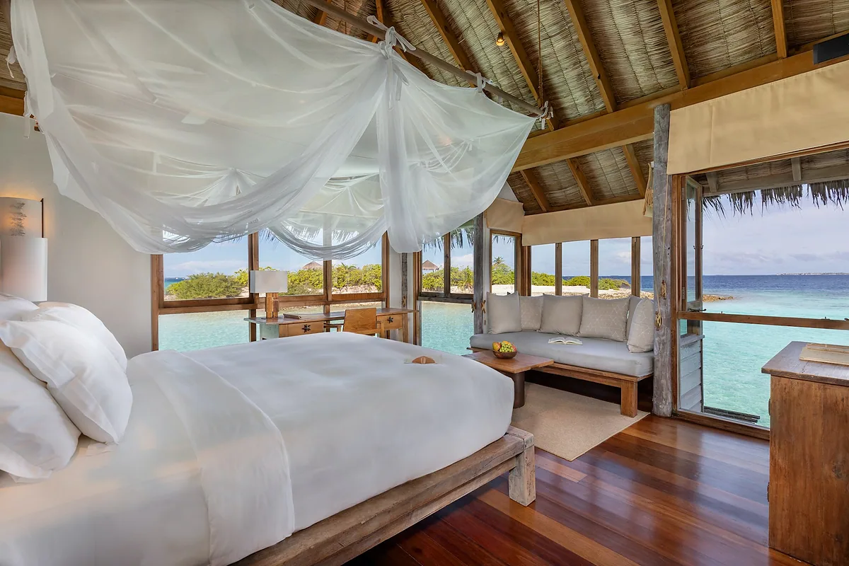 Gili Lankanfushi, North Malé Atoll, Maldives: guest room interior, photographed for Luxury Hotel Compare