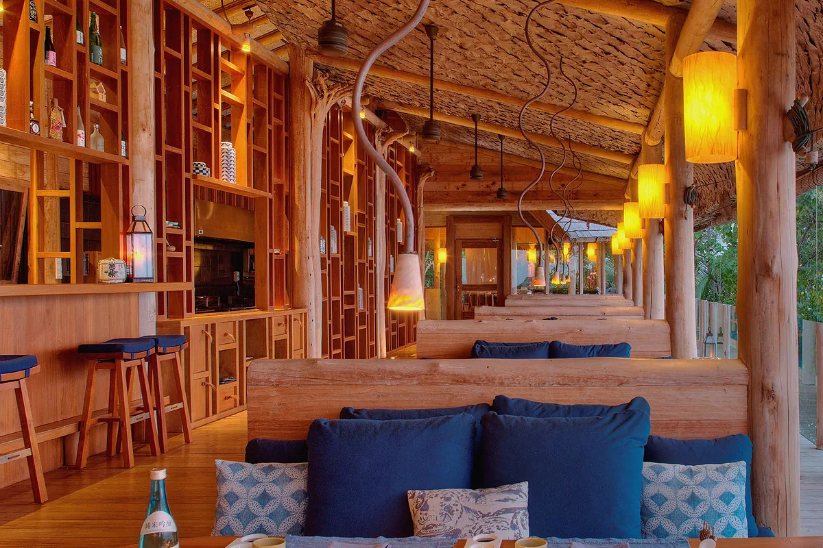Gili Lankanfushi, North Malé Atoll, Maldives: restaurant, bar and dining terrace, photographed for Luxury Hotel Compare