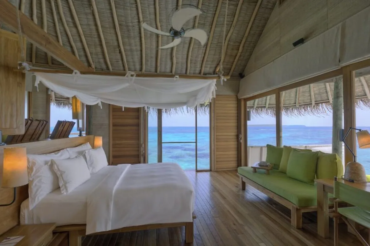 Six Senses Laamu, Laamu Atoll, Maldives: guest room interior, photographed for Luxury Hotel Compare