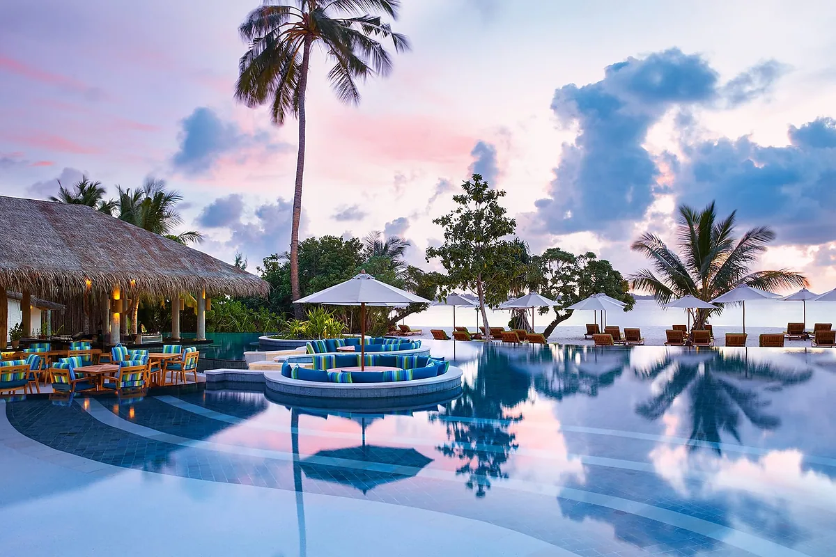 Six Senses Laamu, Laamu Atoll, Maldives: pool and spa, photographed for Luxury Hotel Compare