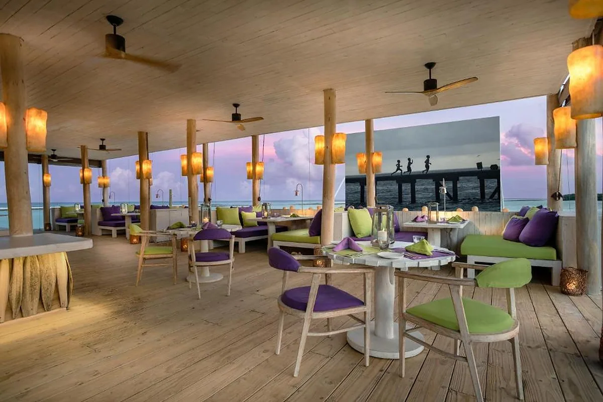 Soneva Jani, Noonu Atoll, Maldives: restaurant, bar and dining terrace, photographed for Luxury Hotel Compare