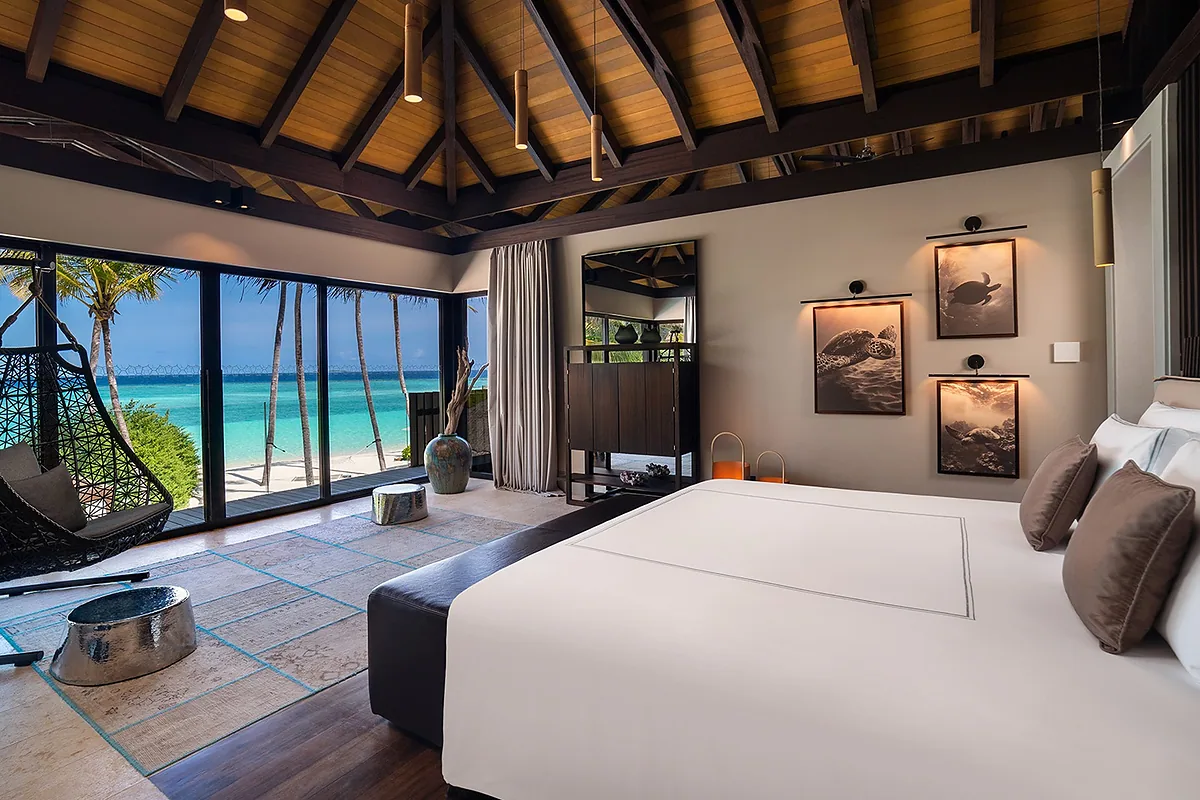 Velaa Private Island, Noonu Atoll, Maldives: guest room interior, photographed for Luxury Hotel Compare