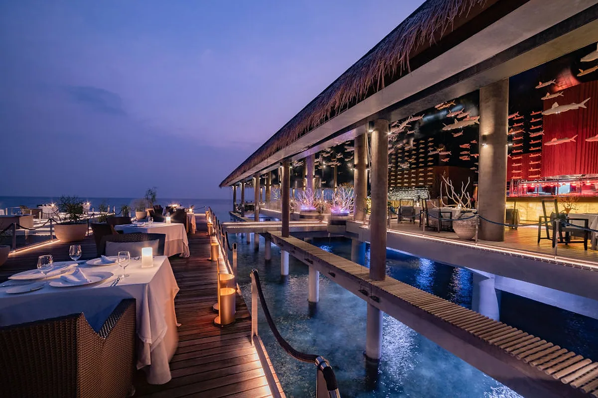 Velaa Private Island, Noonu Atoll, Maldives: restaurant, bar and dining terrace, photographed for Luxury Hotel Compare