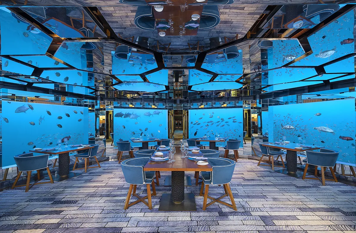 SEA underwater restaurant and wine cellar at Anantara Kihavah Maldives Villas