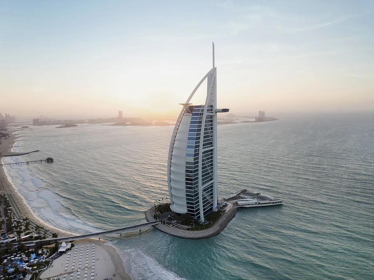 Burj Al Arab Jumeirah and its private island at sunset