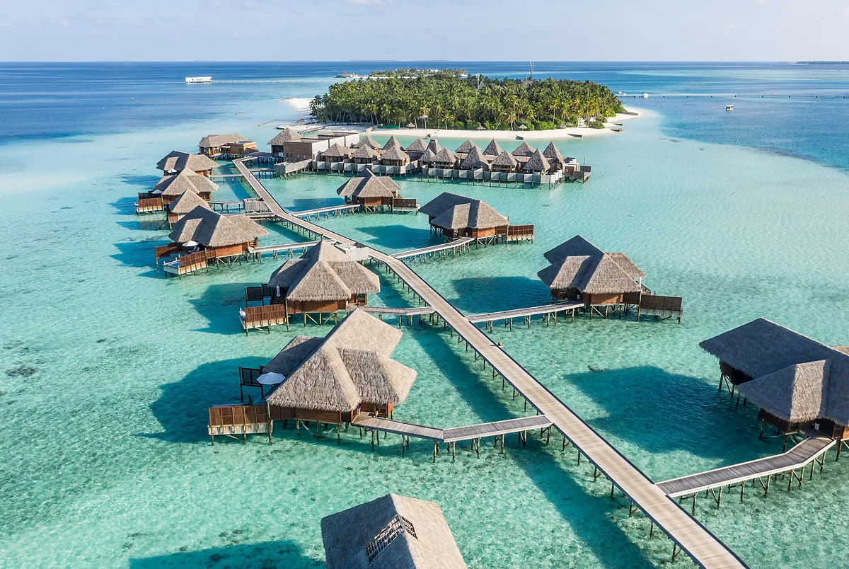 Overwater villas and lagoon at Conrad Maldives Rangali Island