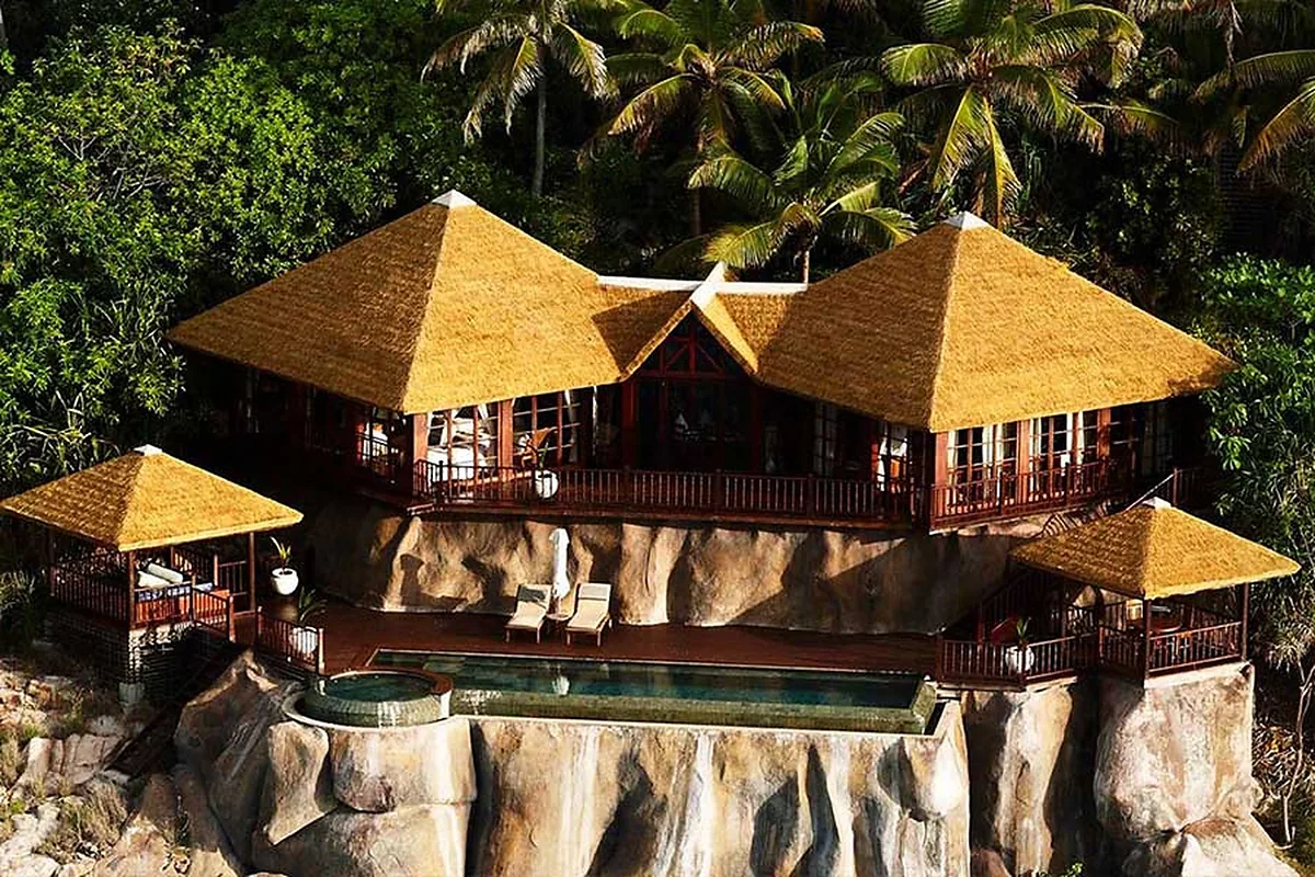 Fregate Island Private in 20 minutes by helicopter from Mahé, Seychelles: arrival, grounds and architecture